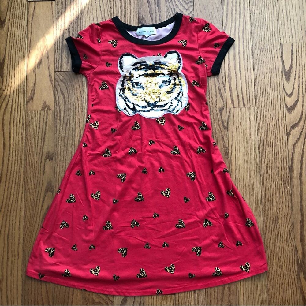 Glitter Girl Shiny Sequin Tiger Graphic Leopard Hearts Red Dress Girl’s Size 12